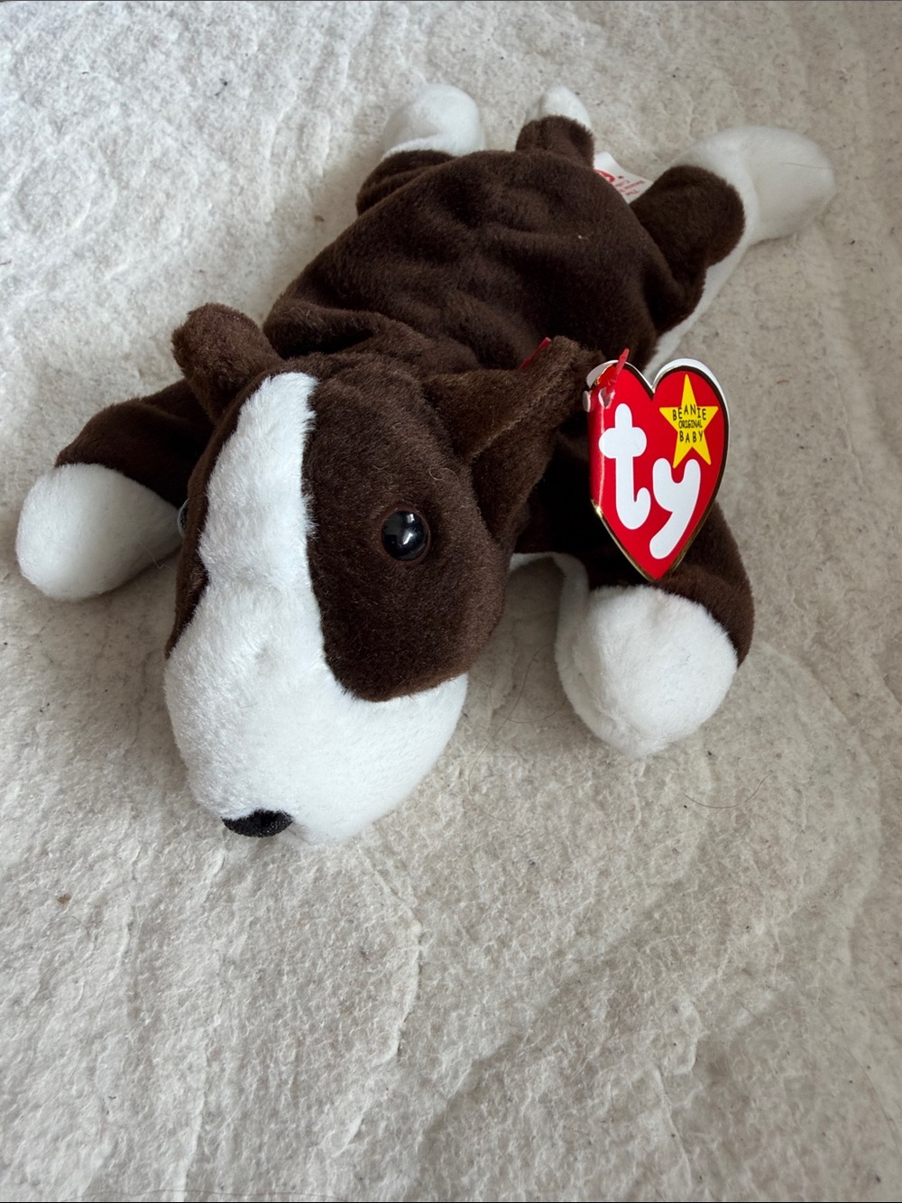 Ty NWT Bruno Brown and White Puppy Beanie Plush with Heart Tag